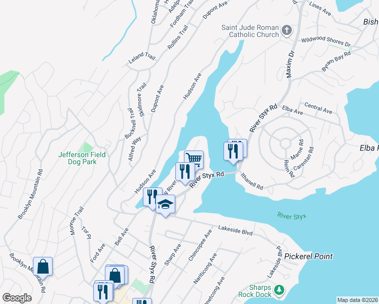map of restaurants, bars, coffee shops, grocery stores, and more near 62 West River Styx Road in Hopatcong