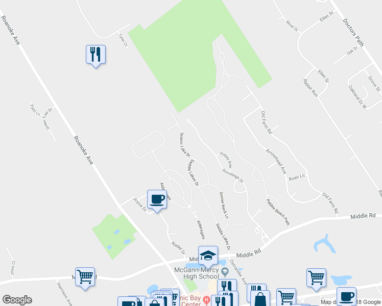 map of restaurants, bars, coffee shops, grocery stores, and more near 128 Scenic Lake Drive in Riverhead