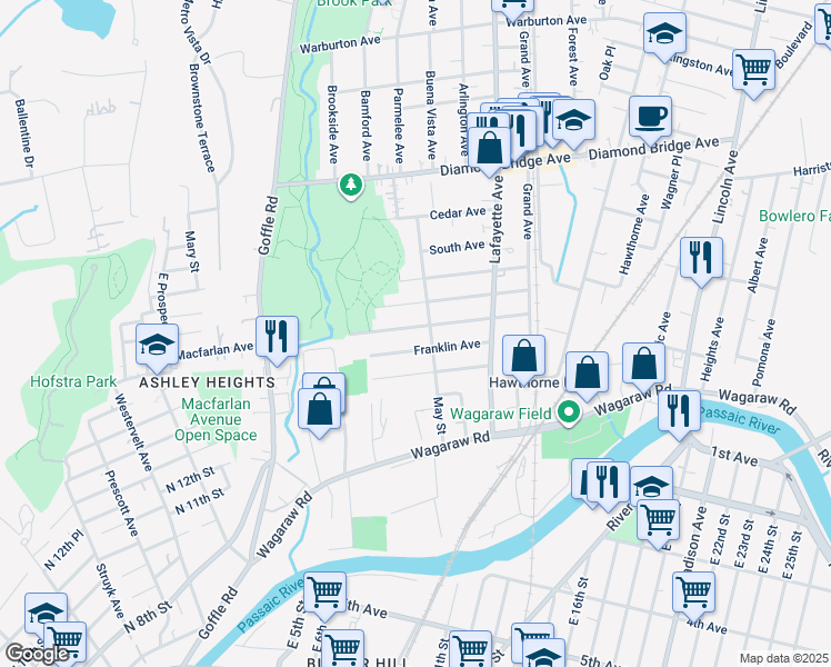 map of restaurants, bars, coffee shops, grocery stores, and more near 100 Maitland Avenue in Hawthorne