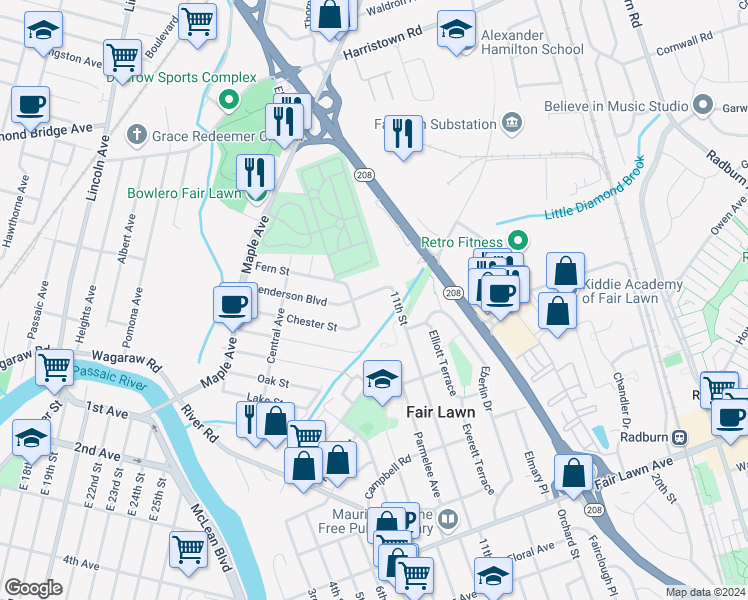 map of restaurants, bars, coffee shops, grocery stores, and more near 9-18 Henderson Boulevard in Fair Lawn