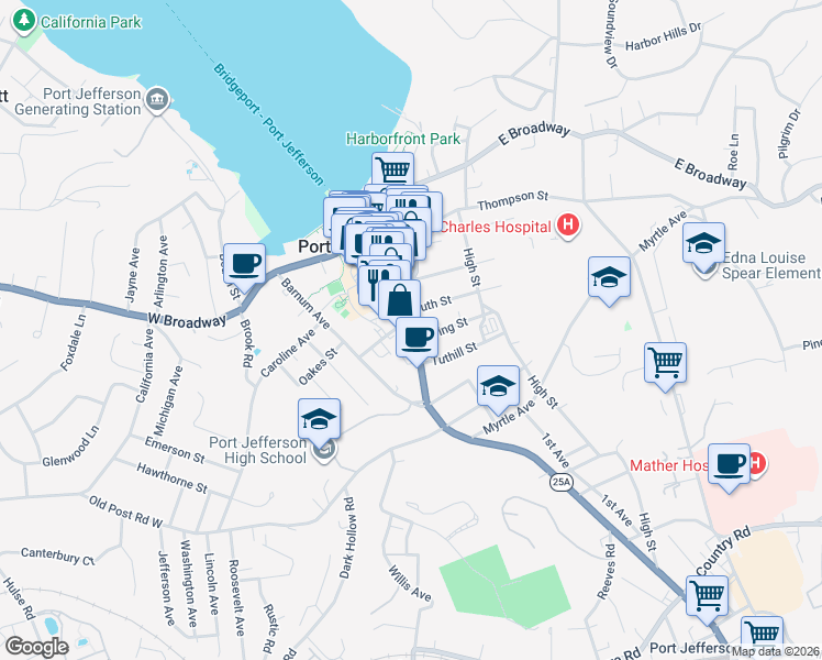 map of restaurants, bars, coffee shops, grocery stores, and more near 507 Main Street in Port Jefferson