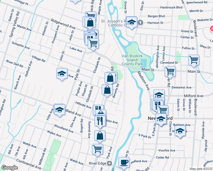 map of restaurants, bars, coffee shops, grocery stores, and more near 76 Elliot Court in Oradell