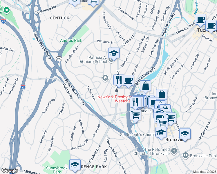 map of restaurants, bars, coffee shops, grocery stores, and more near 48 Chatfield Road in Yonkers