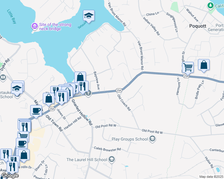map of restaurants, bars, coffee shops, grocery stores, and more near 343 Main Street in Setauket- East Setauket