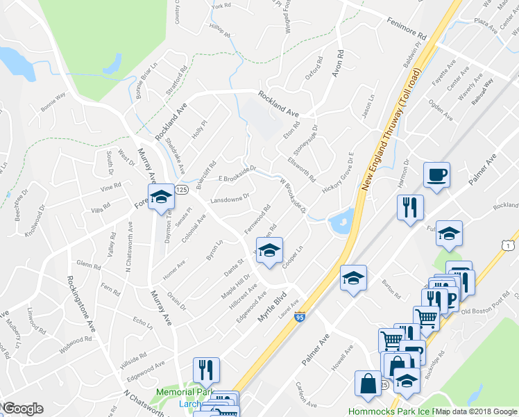map of restaurants, bars, coffee shops, grocery stores, and more near 45 Fernwood Road in Larchmont