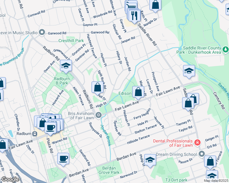 map of restaurants, bars, coffee shops, grocery stores, and more near 34-04 High Street in Fair Lawn