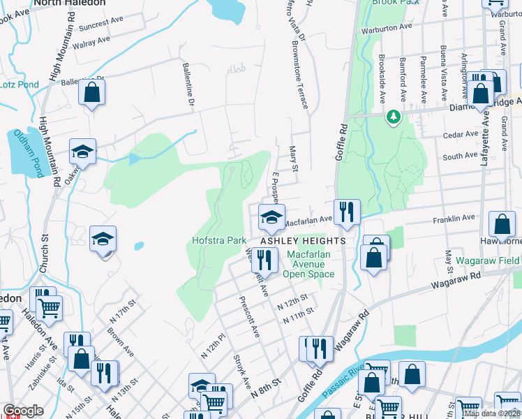 map of restaurants, bars, coffee shops, grocery stores, and more near 32 Prospect Street in Hawthorne