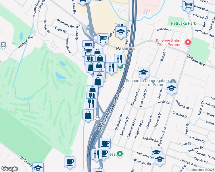 map of restaurants, bars, coffee shops, grocery stores, and more near 352 Evelyn Street in Paramus