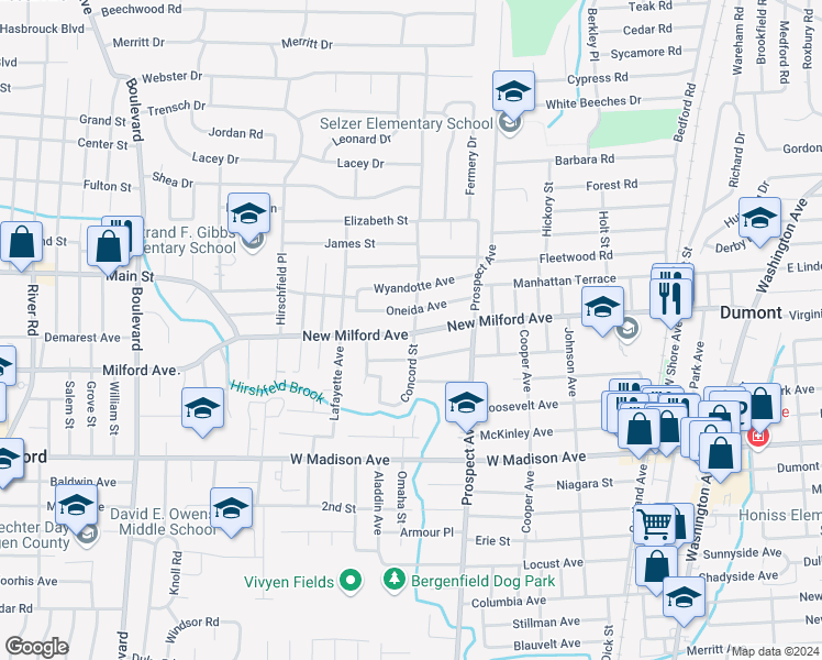 map of restaurants, bars, coffee shops, grocery stores, and more near 300 New Milford Avenue in Dumont