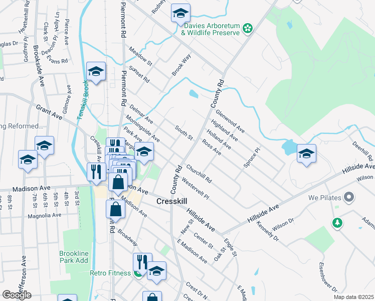map of restaurants, bars, coffee shops, grocery stores, and more near 287 County Road in Cresskill