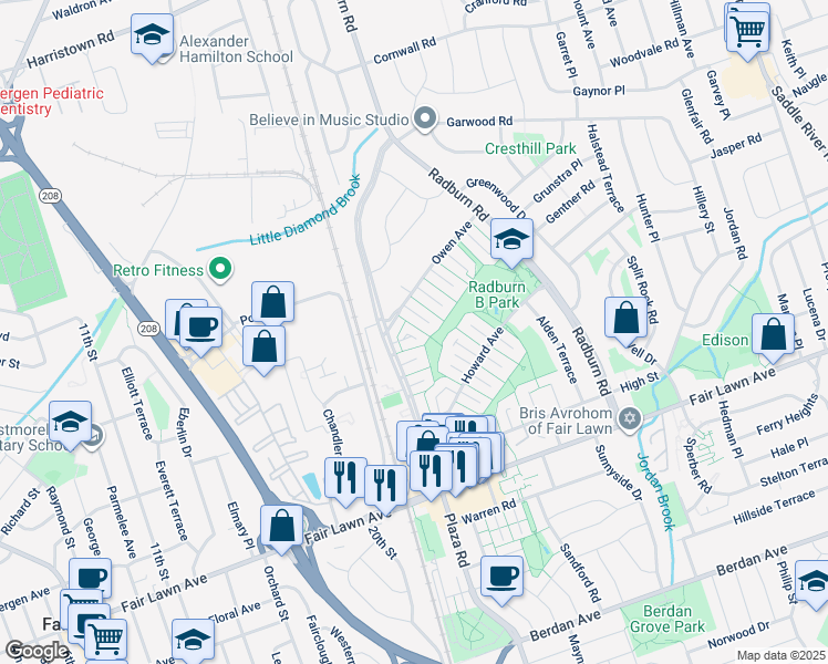 map of restaurants, bars, coffee shops, grocery stores, and more near 12 Bolton Place in Fair Lawn