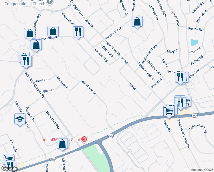 map of restaurants, bars, coffee shops, grocery stores, and more near 10 Orchard Court in Mount Sinai