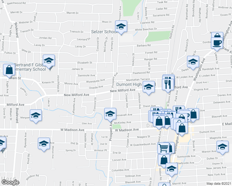 map of restaurants, bars, coffee shops, grocery stores, and more near 257 New Milford Ave in Dumont