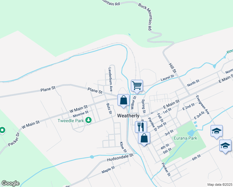 map of restaurants, bars, coffee shops, grocery stores, and more near 125 Plane Street in Weatherly