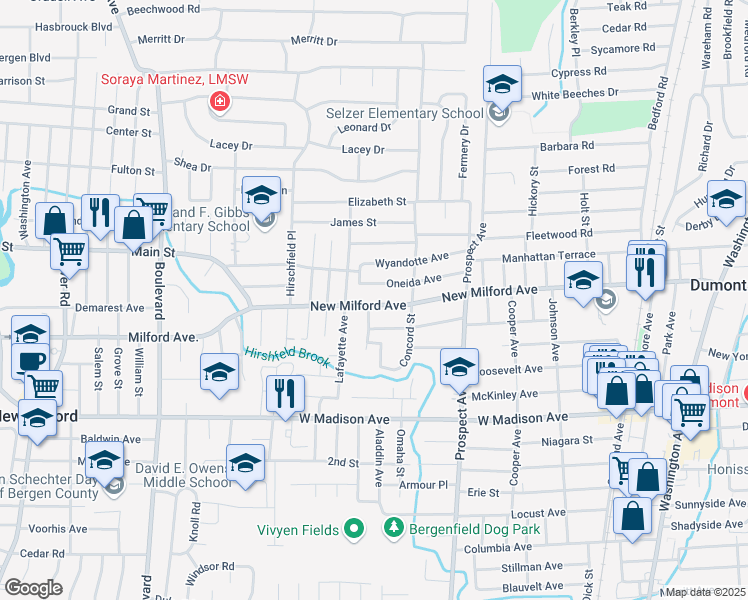 map of restaurants, bars, coffee shops, grocery stores, and more near 340 New Milford Avenue in Dumont
