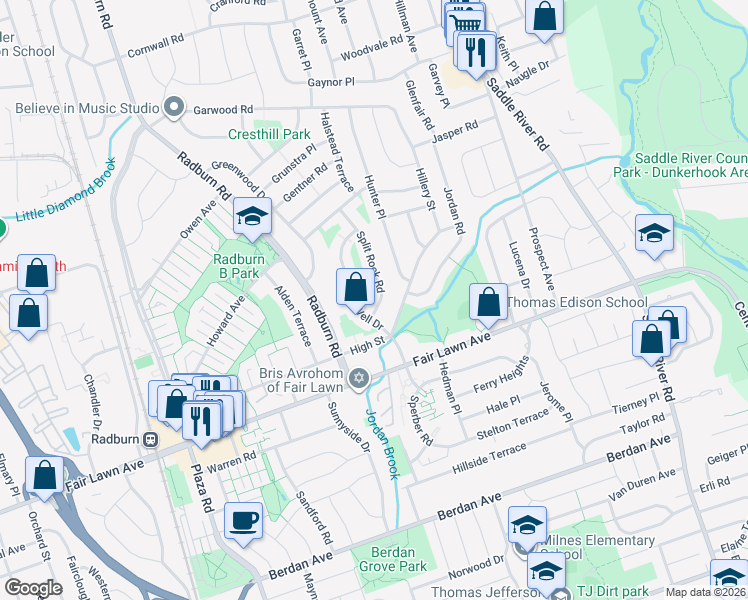 map of restaurants, bars, coffee shops, grocery stores, and more near 16-10 Split Rock Road in Fair Lawn