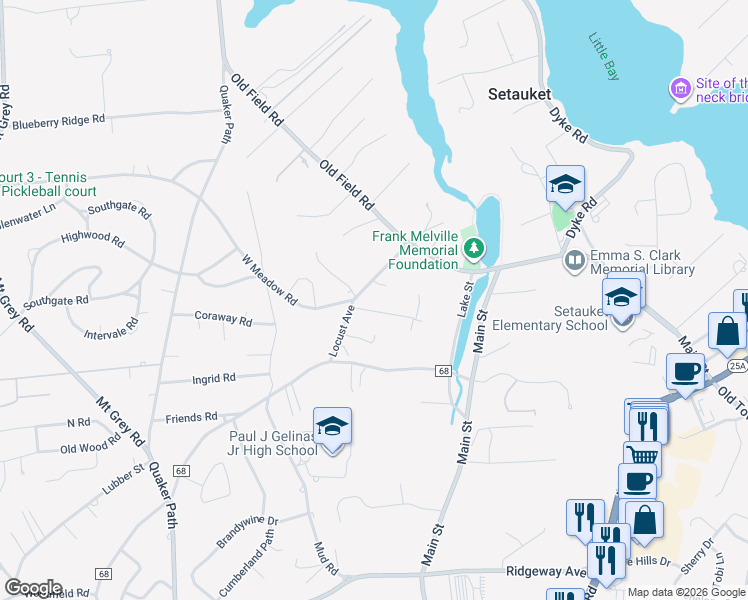map of restaurants, bars, coffee shops, grocery stores, and more near 5 Park Street in Setauket- East Setauket