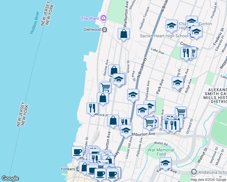 map of restaurants, bars, coffee shops, grocery stores, and more near 249 Warburton Avenue in Yonkers