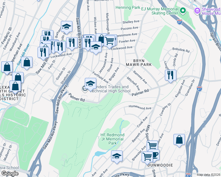 map of restaurants, bars, coffee shops, grocery stores, and more near 265 Palmer Road in Yonkers