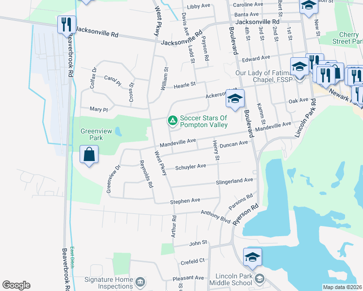 map of restaurants, bars, coffee shops, grocery stores, and more near 111 Mandeville Avenue in Pequannock Township