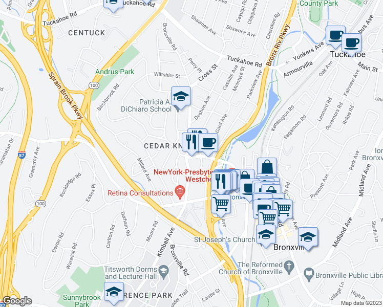map of restaurants, bars, coffee shops, grocery stores, and more near 56 Pondfield Road West in Bronxville