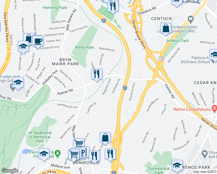 map of restaurants, bars, coffee shops, grocery stores, and more near 24 Kingston Avenue in Yonkers