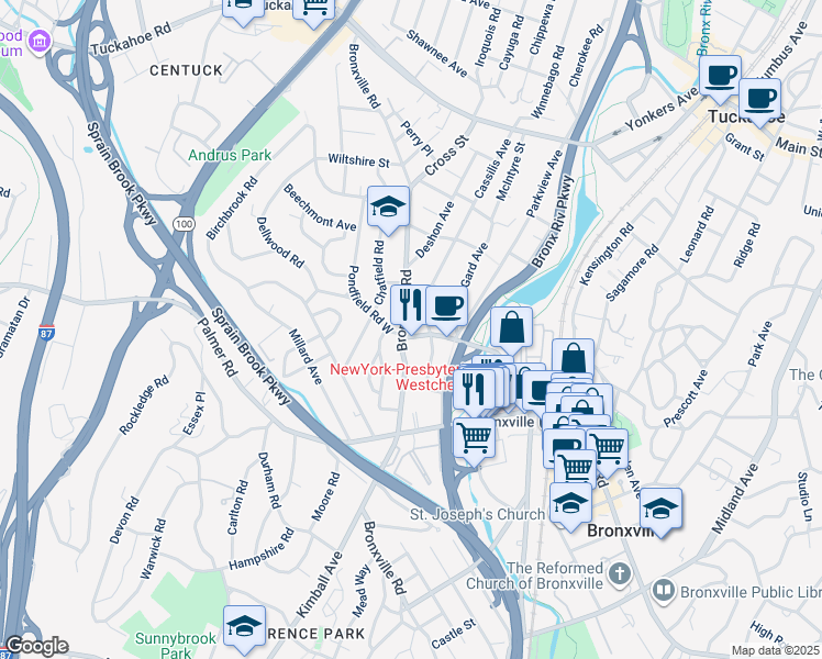 map of restaurants, bars, coffee shops, grocery stores, and more near 56 Pondfield Road West in Bronxville
