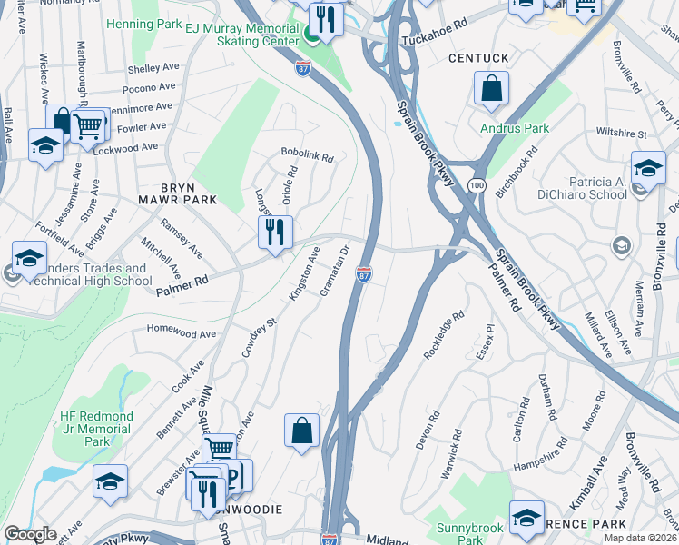 map of restaurants, bars, coffee shops, grocery stores, and more near 35 Gramatan Drive in Yonkers