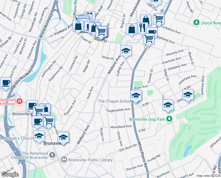 map of restaurants, bars, coffee shops, grocery stores, and more near 72 Summit Avenue in Bronxville