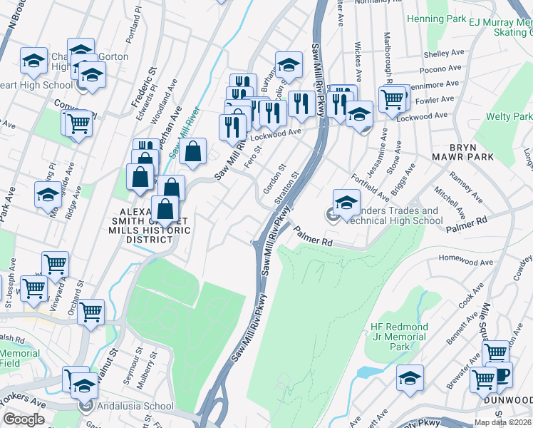 map of restaurants, bars, coffee shops, grocery stores, and more near 80 County Route 33II in Yonkers