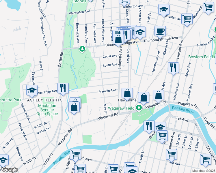 map of restaurants, bars, coffee shops, grocery stores, and more near 180 Maitland Avenue in Hawthorne