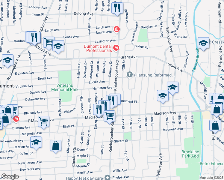 map of restaurants, bars, coffee shops, grocery stores, and more near 155 Hamilton Avenue in Dumont