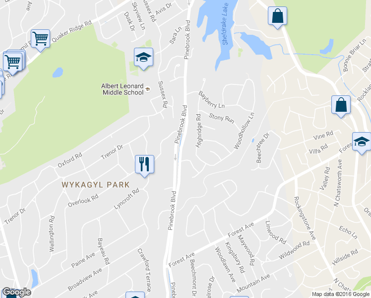 map of restaurants, bars, coffee shops, grocery stores, and more near 415 Pinebrook Boulevard in New Rochelle