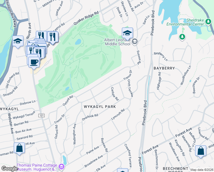 map of restaurants, bars, coffee shops, grocery stores, and more near 228 Trenor Drive in New Rochelle