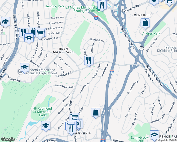 map of restaurants, bars, coffee shops, grocery stores, and more near 1 Winans Drive in Yonkers