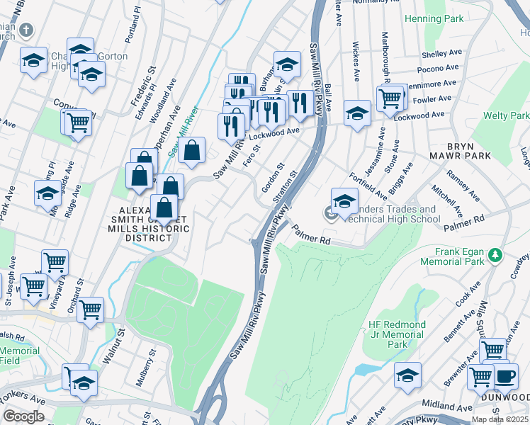 map of restaurants, bars, coffee shops, grocery stores, and more near 80 County Route 33II in Yonkers