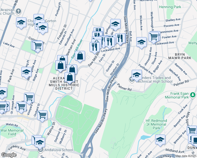 map of restaurants, bars, coffee shops, grocery stores, and more near 44 Troy Lane in Yonkers