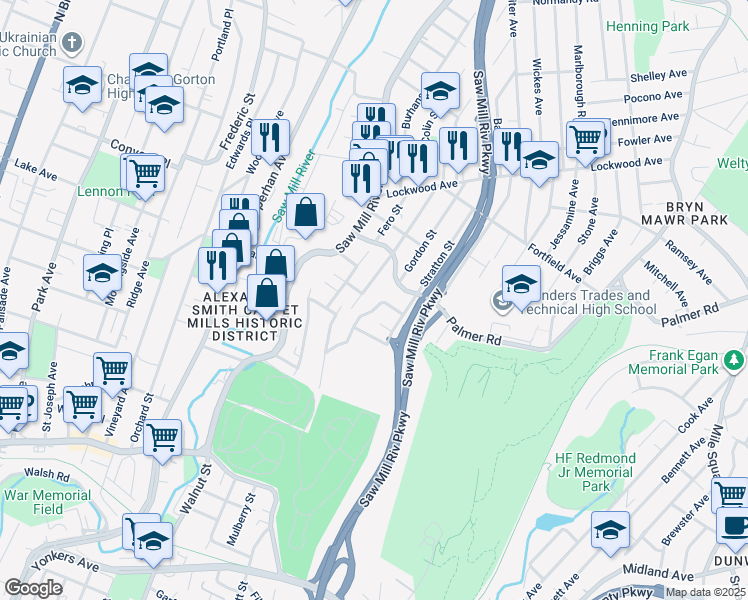 map of restaurants, bars, coffee shops, grocery stores, and more near 44 Troy Lane in Yonkers