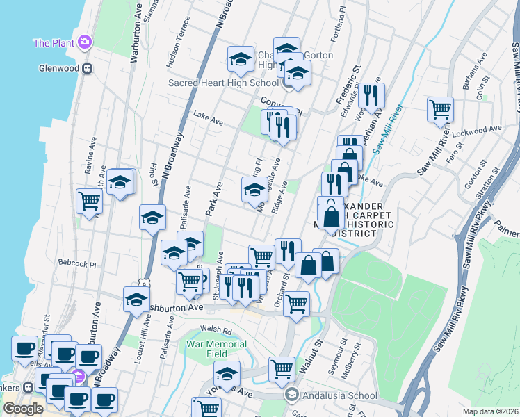 map of restaurants, bars, coffee shops, grocery stores, and more near 54 Fairview Street in Yonkers