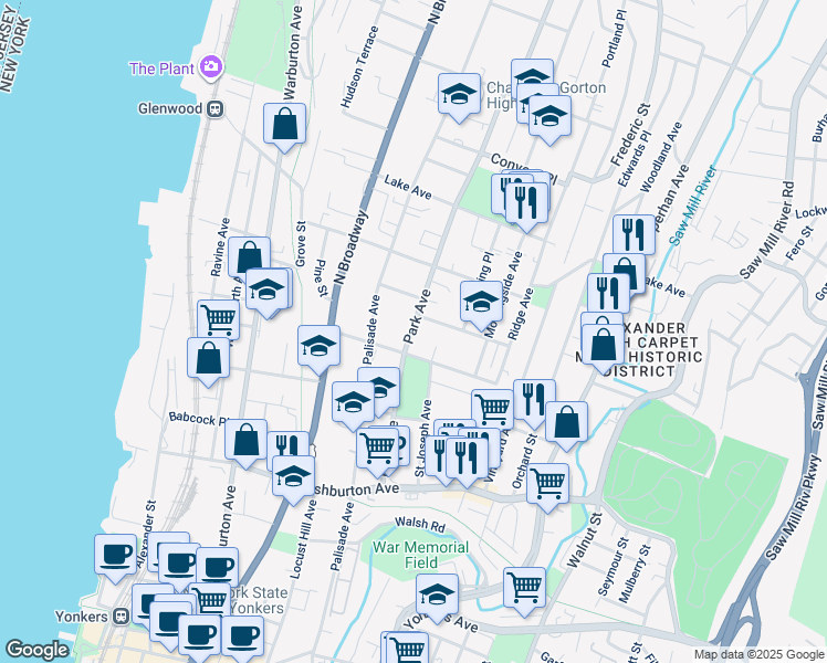 map of restaurants, bars, coffee shops, grocery stores, and more near 117 Park Avenue in Yonkers