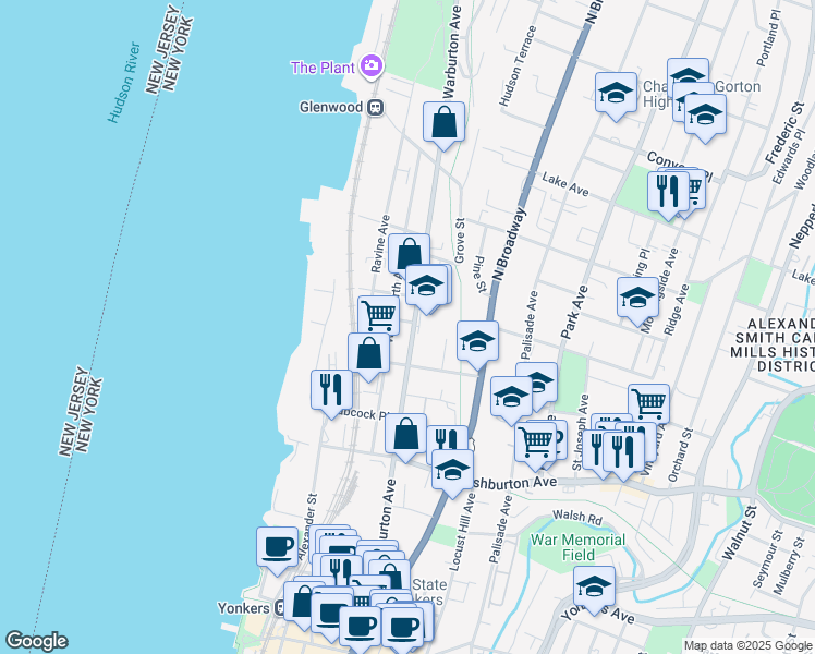 map of restaurants, bars, coffee shops, grocery stores, and more near 249 Warburton Avenue in Yonkers