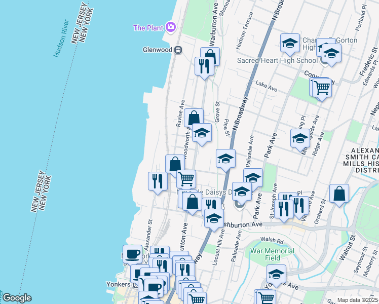 map of restaurants, bars, coffee shops, grocery stores, and more near 249 Warburton Avenue in Yonkers