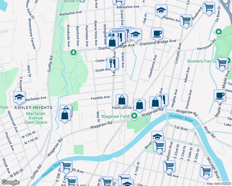 map of restaurants, bars, coffee shops, grocery stores, and more near 169 Lafayette Avenue in Hawthorne