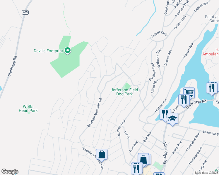 map of restaurants, bars, coffee shops, grocery stores, and more near 1 Lakeside Boulevard in Hopatcong