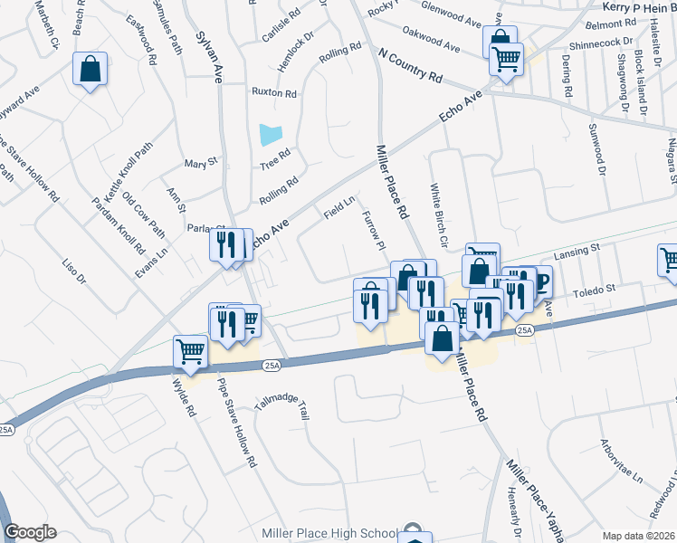 map of restaurants, bars, coffee shops, grocery stores, and more near 17 Miller Farms Drive in Miller Place