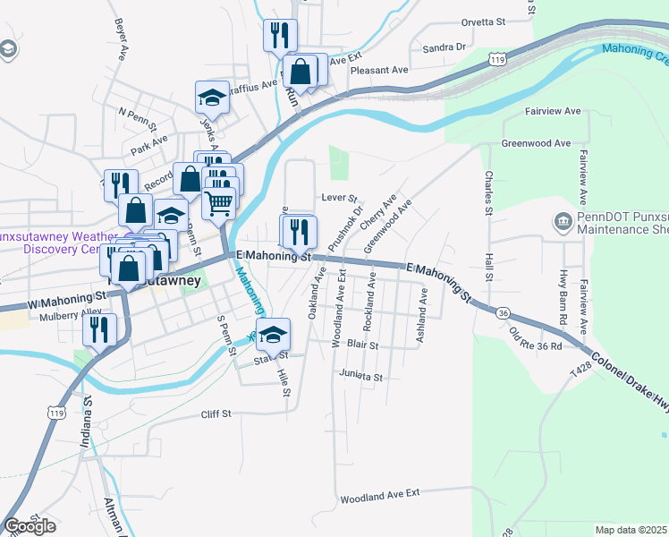 map of restaurants, bars, coffee shops, grocery stores, and more near 104 Spring Street in Punxsutawney