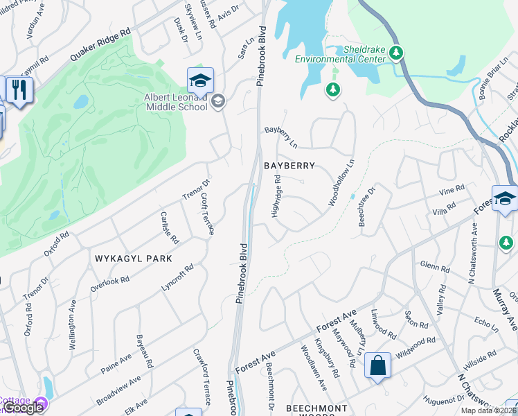 map of restaurants, bars, coffee shops, grocery stores, and more near 415 Pinebrook Boulevard in New Rochelle