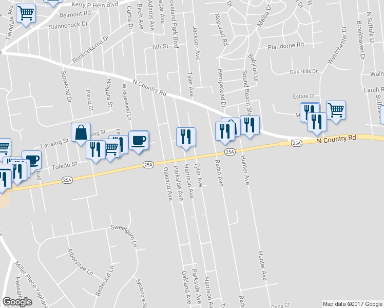 map of restaurants, bars, coffee shops, grocery stores, and more near 837 New York 25A in Miller Place