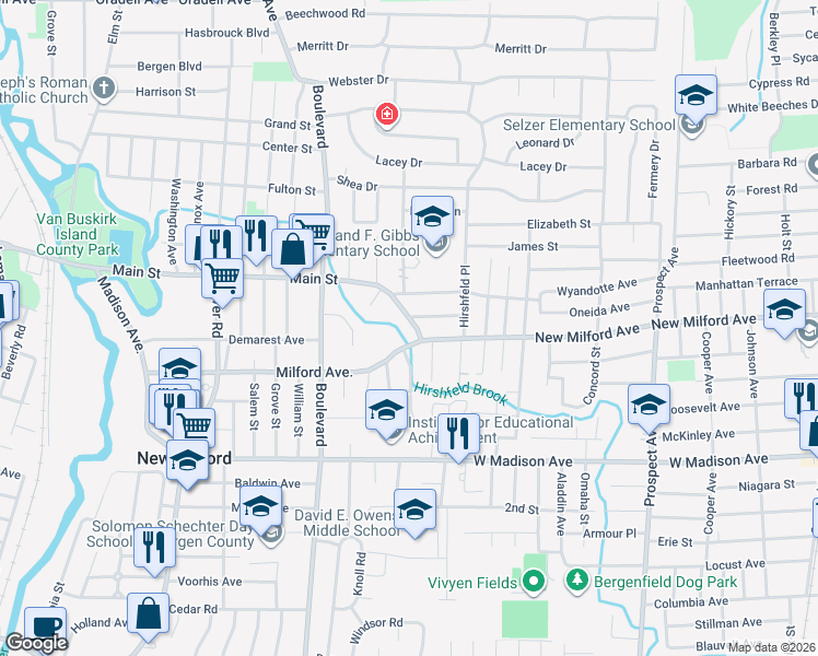 map of restaurants, bars, coffee shops, grocery stores, and more near 338 Main Street in New Milford