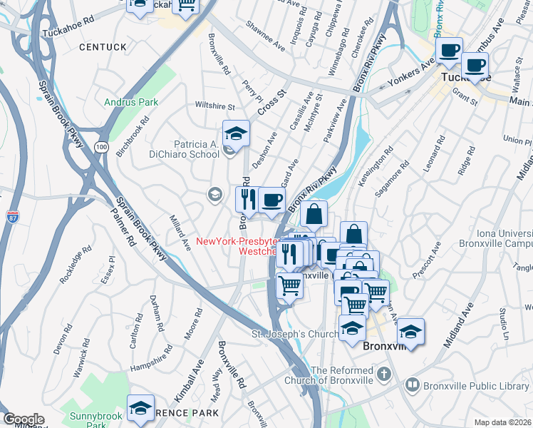 map of restaurants, bars, coffee shops, grocery stores, and more near 26 Pondfield Road West in Yonkers
